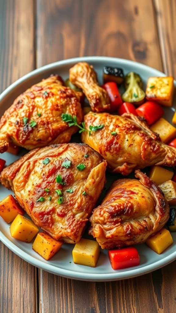 Crispy air fryer chicken pieces on a plate, garnished with herbs and served with roasted vegetables.